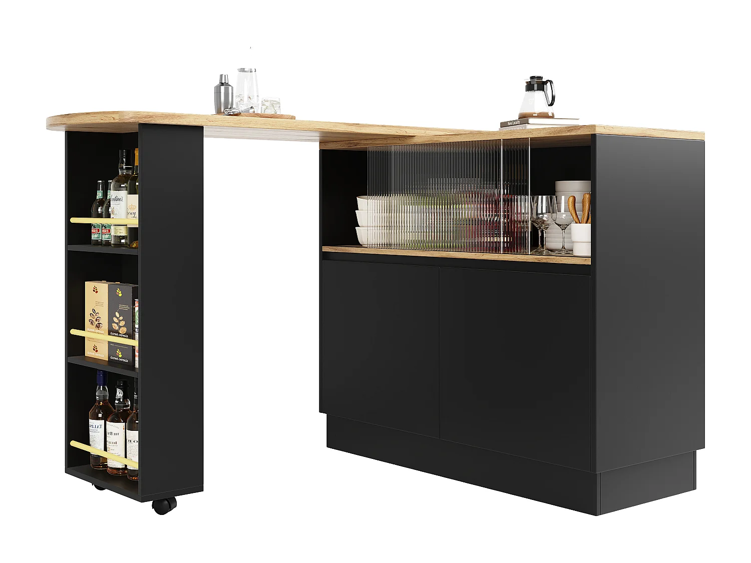 Meuble de bar rotatif - 120 x 90 x 103 cm - avec étagères et verre + 4 portes - MDF - noir