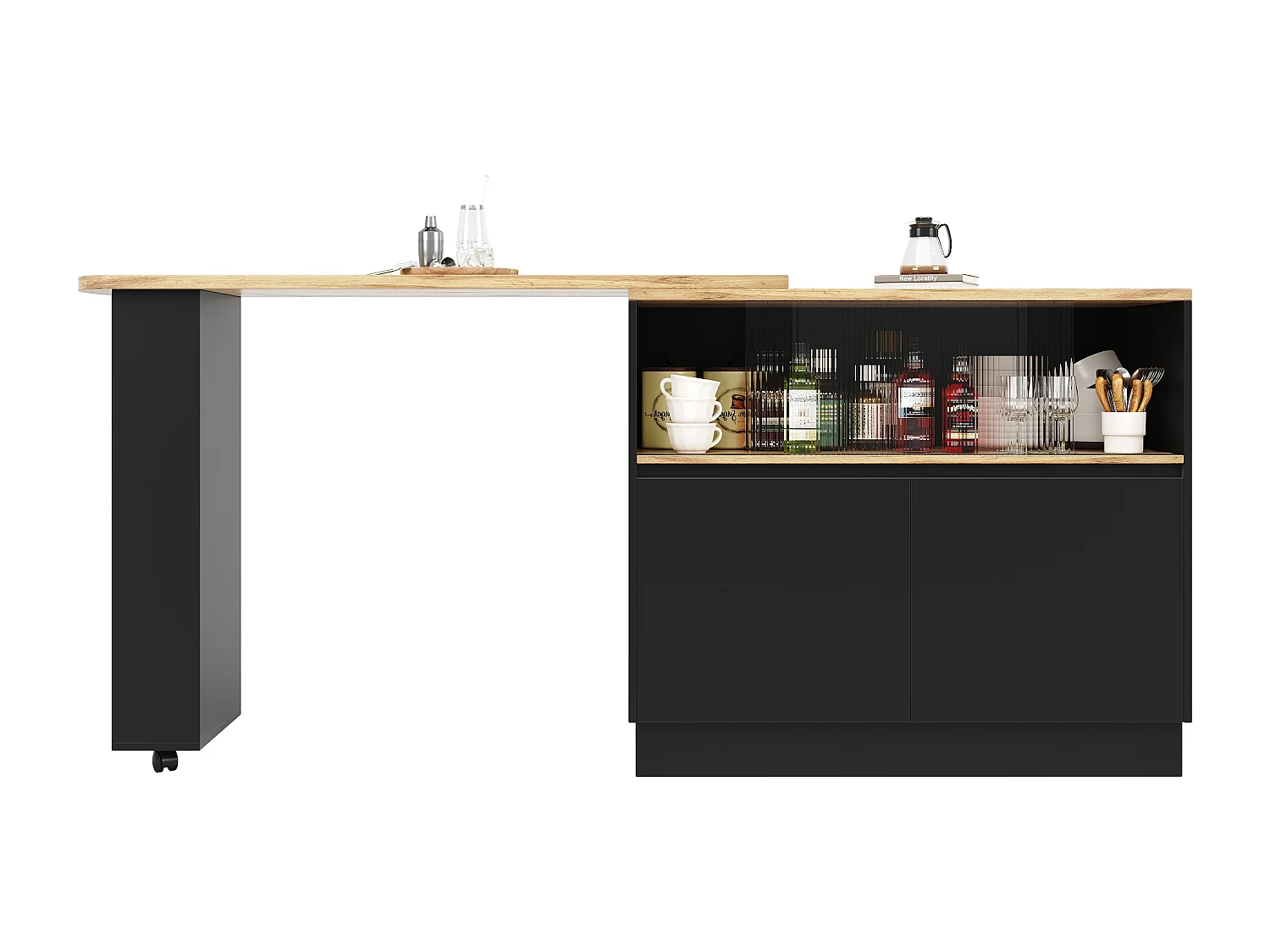 Meuble de bar rotatif - 120 x 90 x 103 cm - avec étagères et verre + 4 portes - MDF - noir