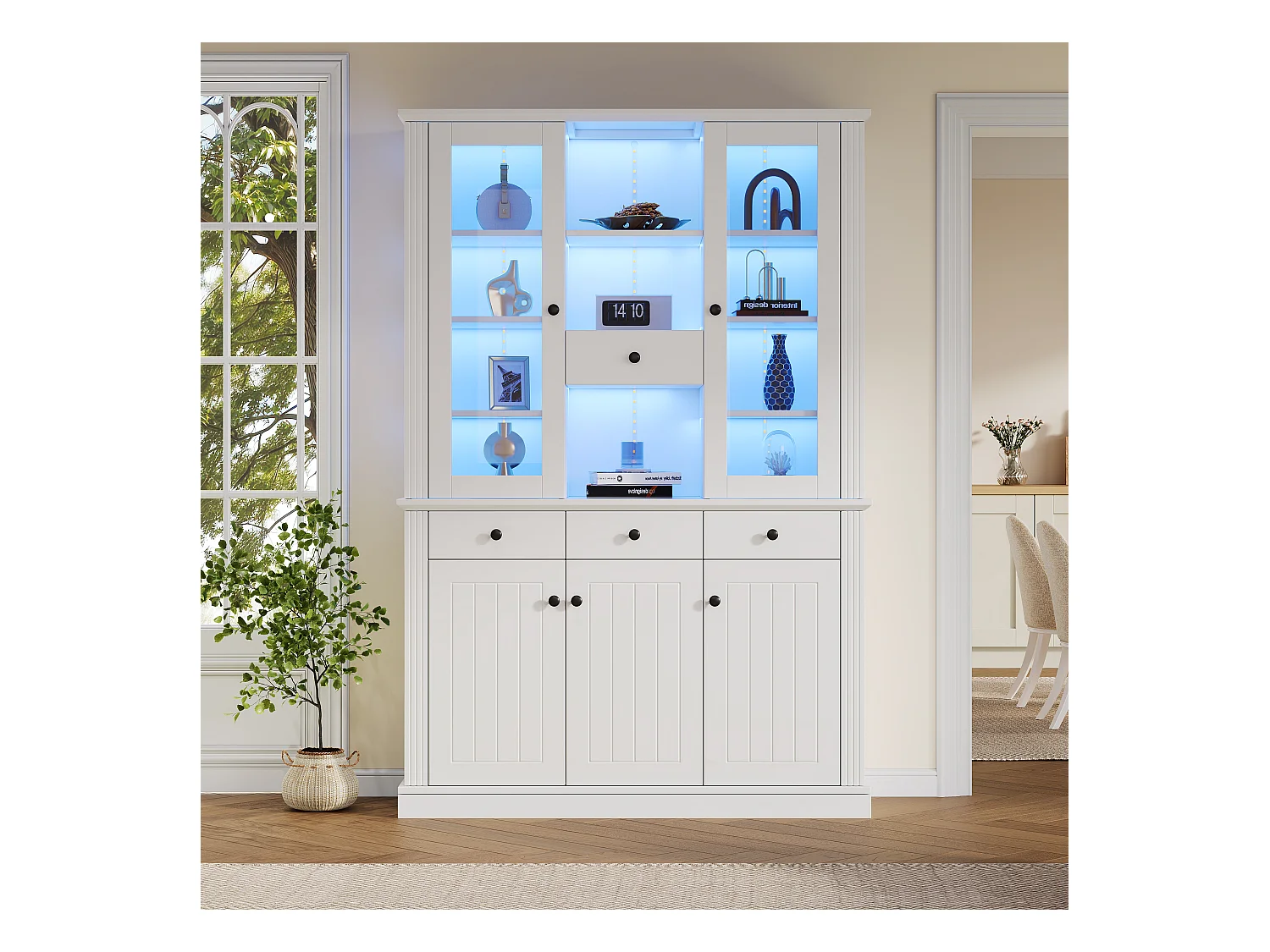 Vitrine haute autoportante - 119.5 x 40 x 180 cm - avec 4 tiroirs + Leds + 5 portes - MDF - blanc