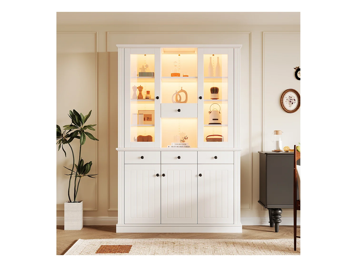 Vitrine haute autoportante - 119.5 x 40 x 180 cm - avec 4 tiroirs + Leds + 5 portes - MDF - blanc