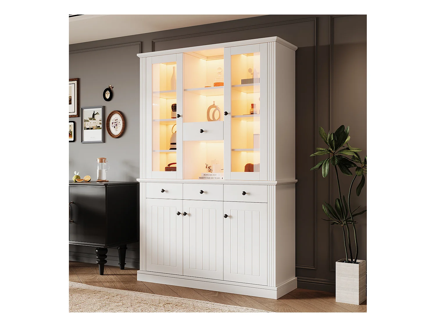 Vitrine haute autoportante - 119.5 x 40 x 180 cm - avec 4 tiroirs + Leds + 5 portes - MDF - blanc