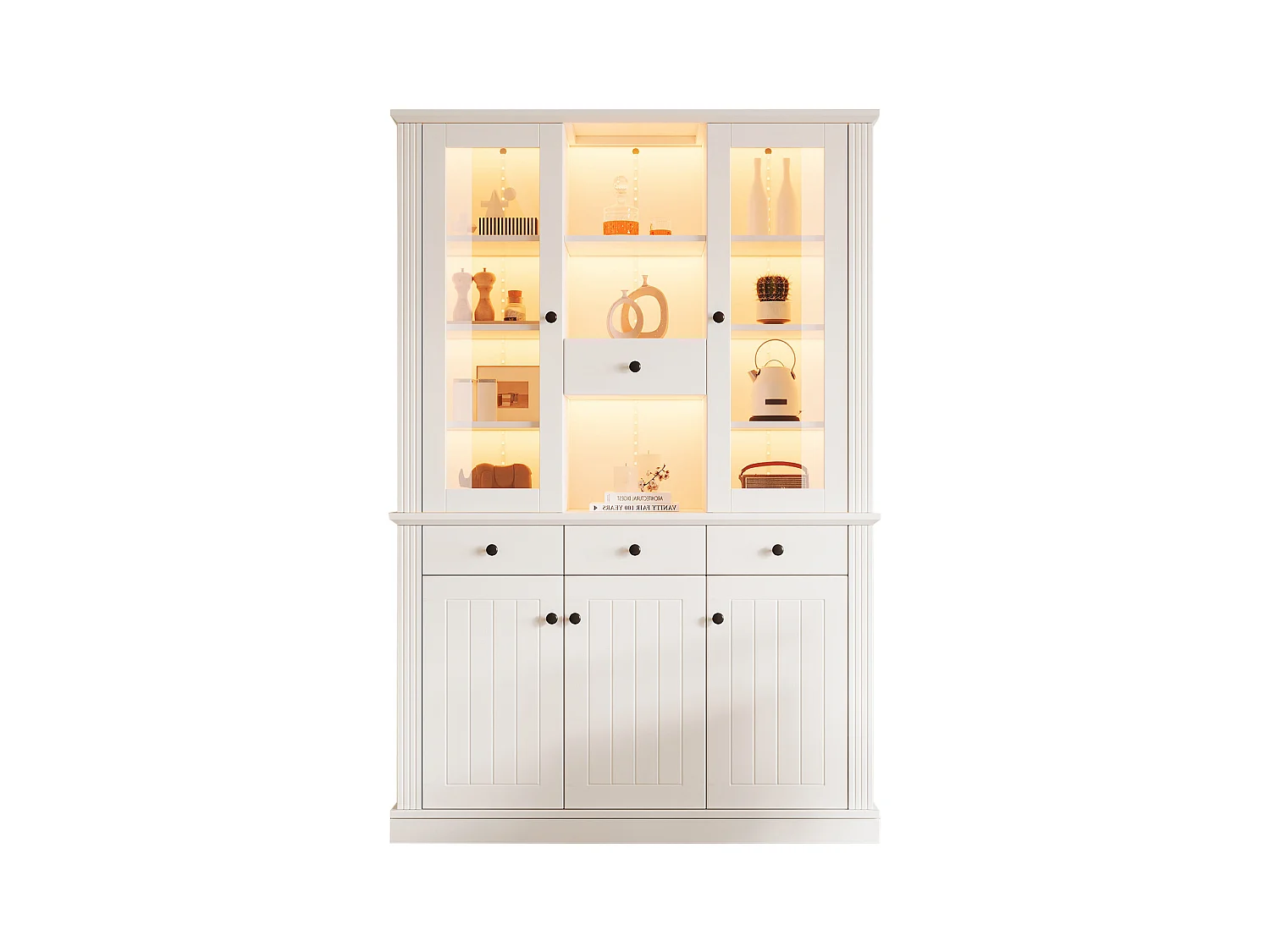 Vitrine haute autoportante - 119.5 x 40 x 180 cm - avec 4 tiroirs + Leds + 5 portes - MDF - blanc