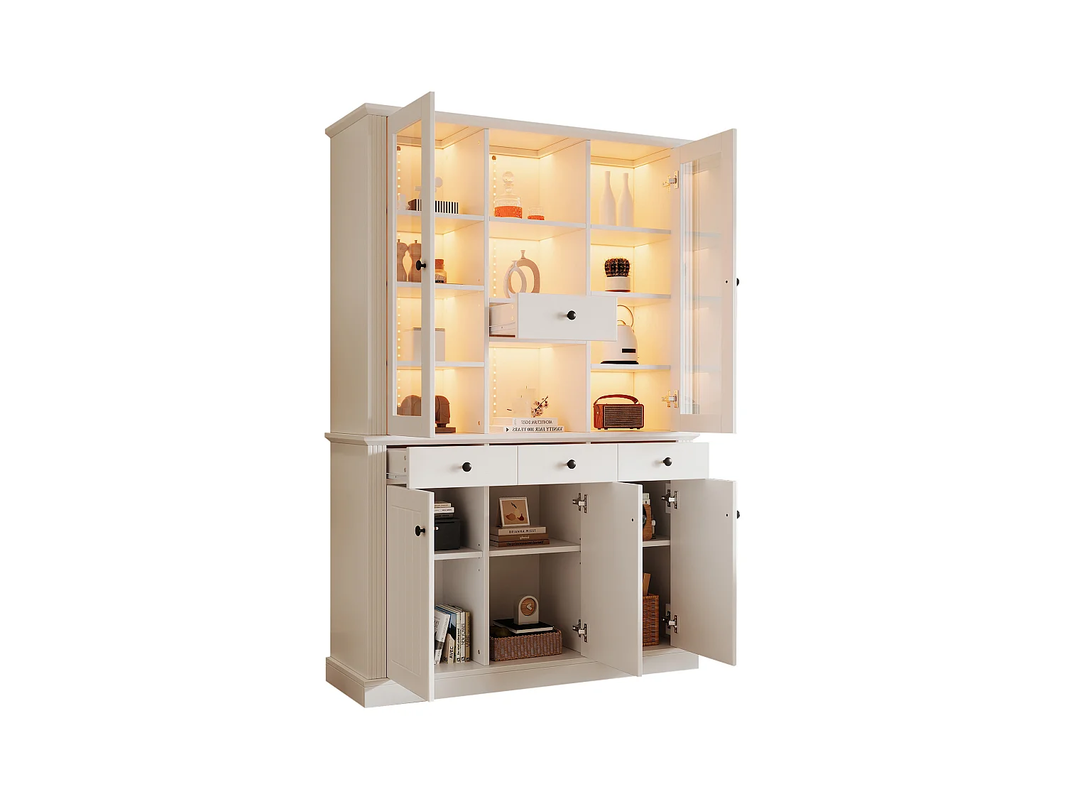 Vitrine haute autoportante - 119.5 x 40 x 180 cm - avec 4 tiroirs + Leds + 5 portes - MDF - blanc