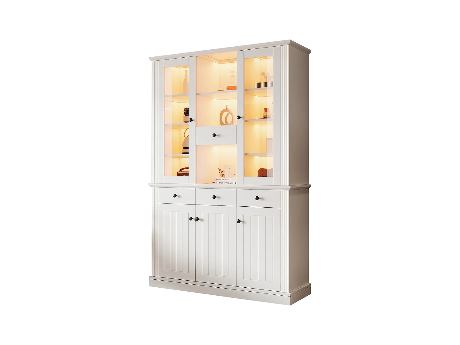 Vitrine haute autoportante - 119.5 x 40 x 180 cm - avec 4 tiroirs + Leds + 5 portes - MDF - blanc