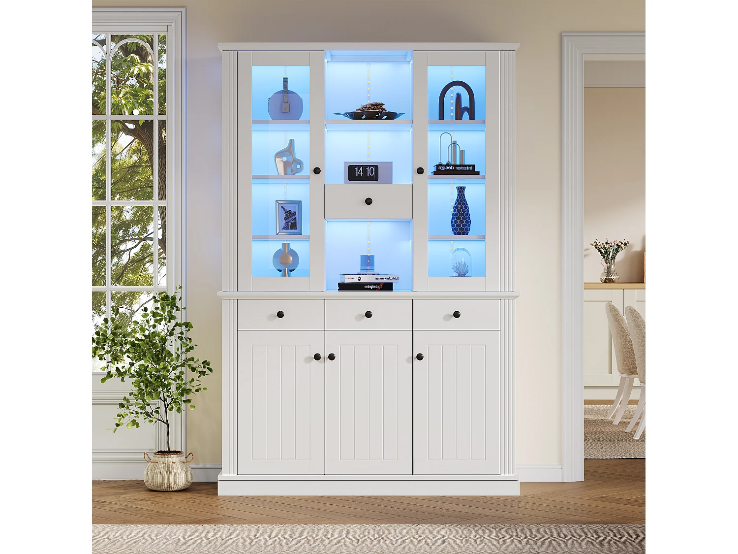 Vitrine haute autoportante - 119.5 x 40 x 180 cm - avec 4 tiroirs + Leds + 5 portes - MDF - blanc