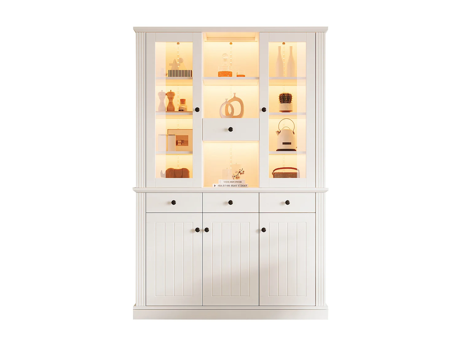 Vitrine haute autoportante - 119.5 x 40 x 180 cm - avec 4 tiroirs + Leds + 5 portes - MDF - blanc