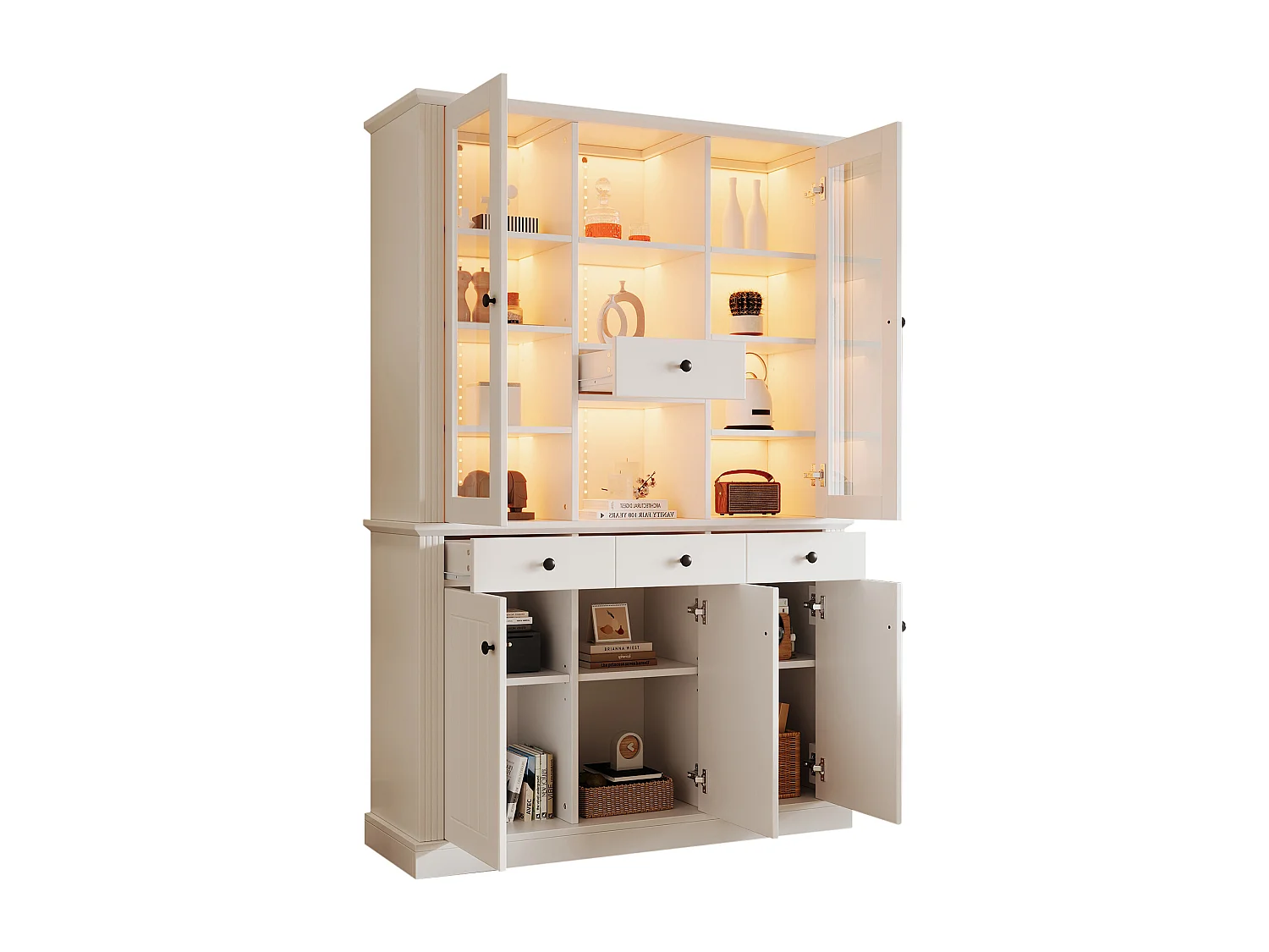 Vitrine haute autoportante - 119.5 x 40 x 180 cm - avec 4 tiroirs + Leds + 5 portes - MDF - blanc