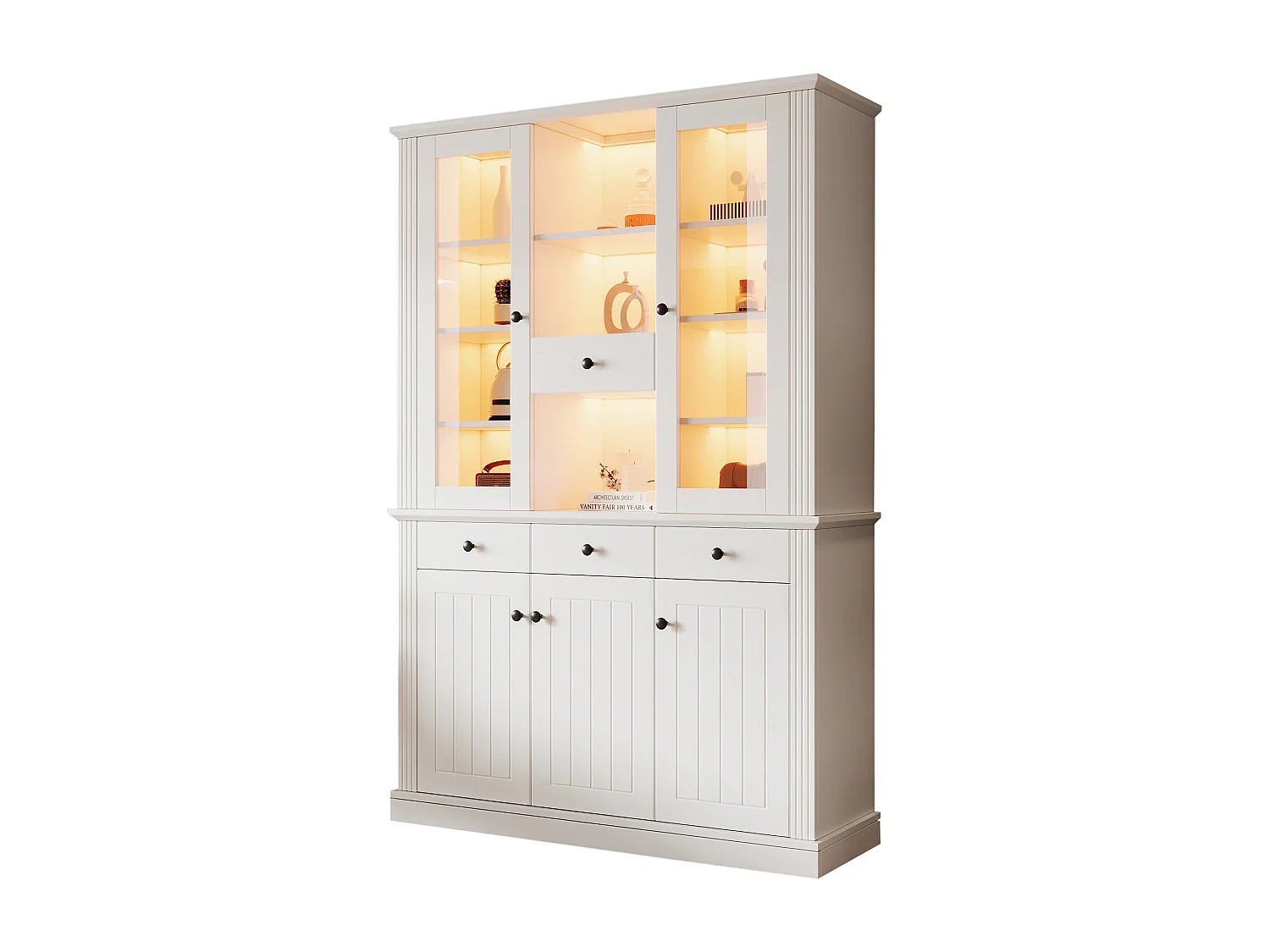 Vitrine haute autoportante - 119.5 x 40 x 180 cm - avec 4 tiroirs + Leds + 5 portes - MDF - blanc