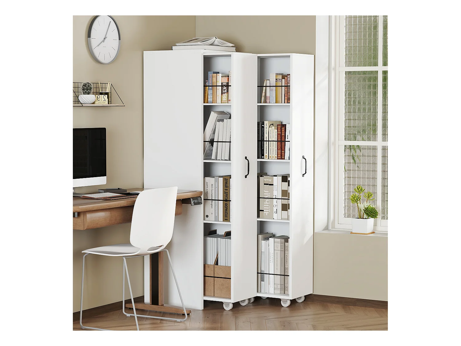 Bibliothèque extensible à roulettes - 51.5 x 41 x 158 cm - interchangeable gauche et droite - MDF - blanc