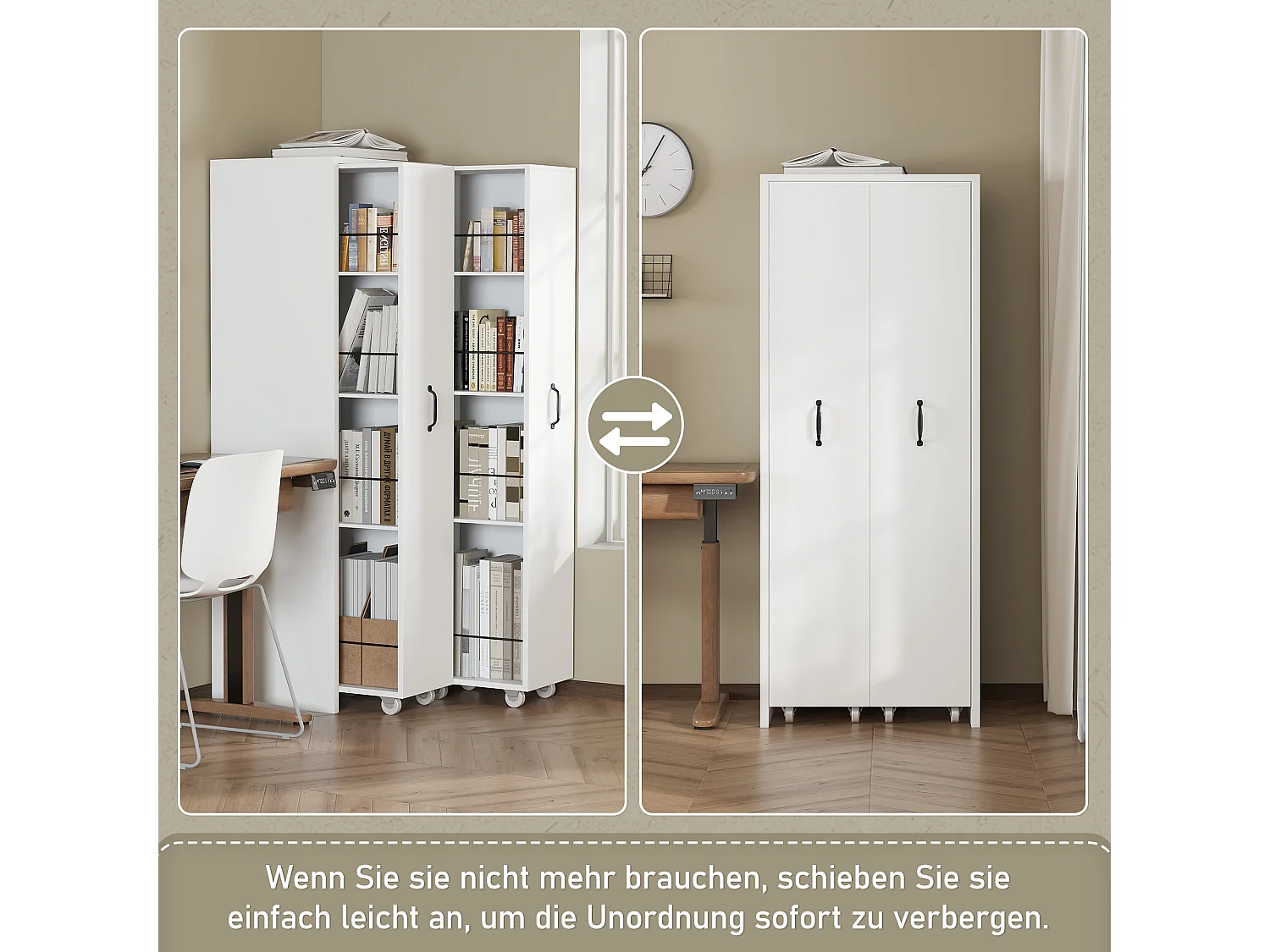 Bibliothèque extensible à roulettes - 51.5 x 41 x 158 cm - interchangeable gauche et droite - MDF - blanc