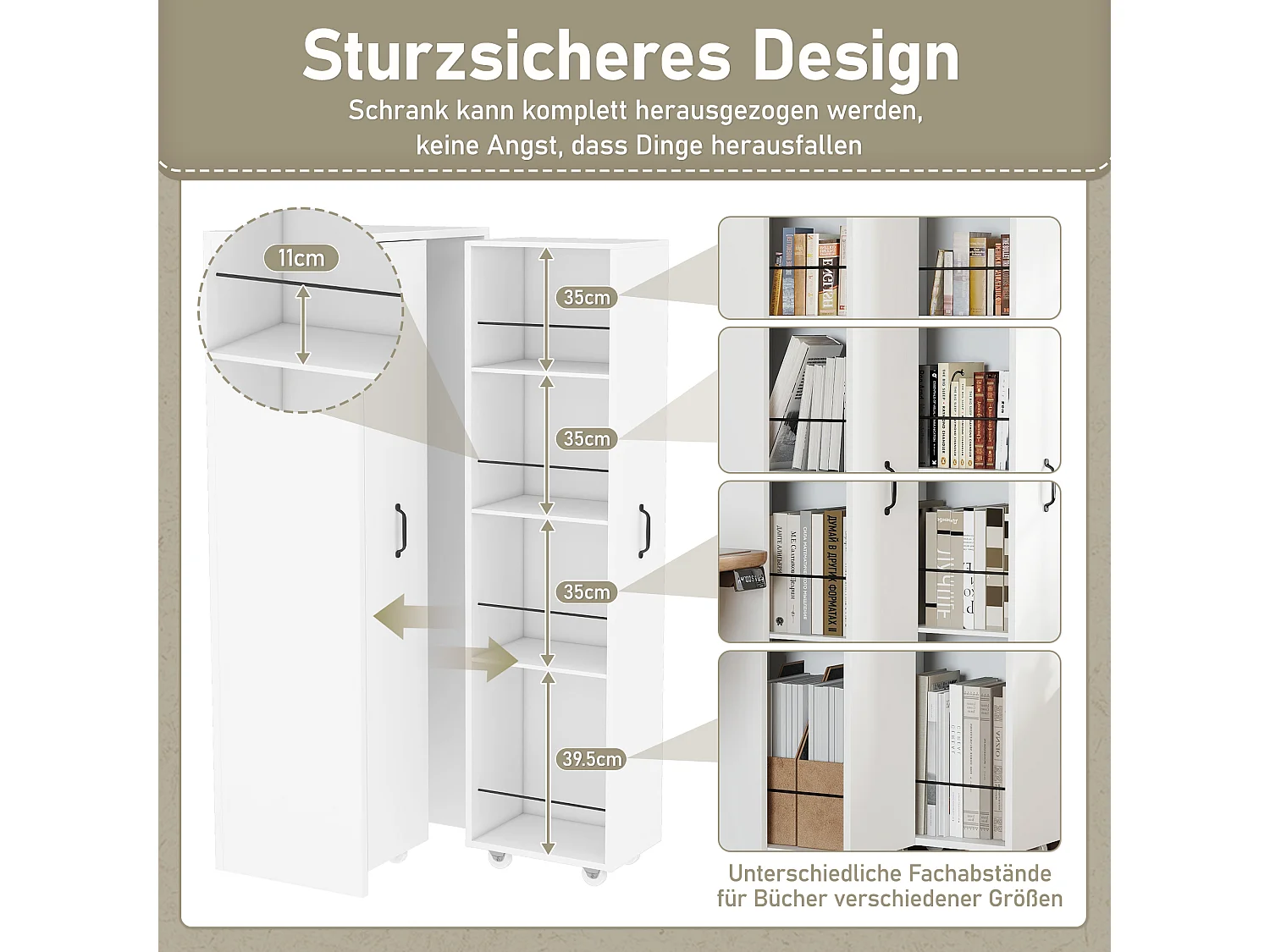 Bibliothèque extensible à roulettes - 51.5 x 41 x 158 cm - interchangeable gauche et droite - MDF - blanc