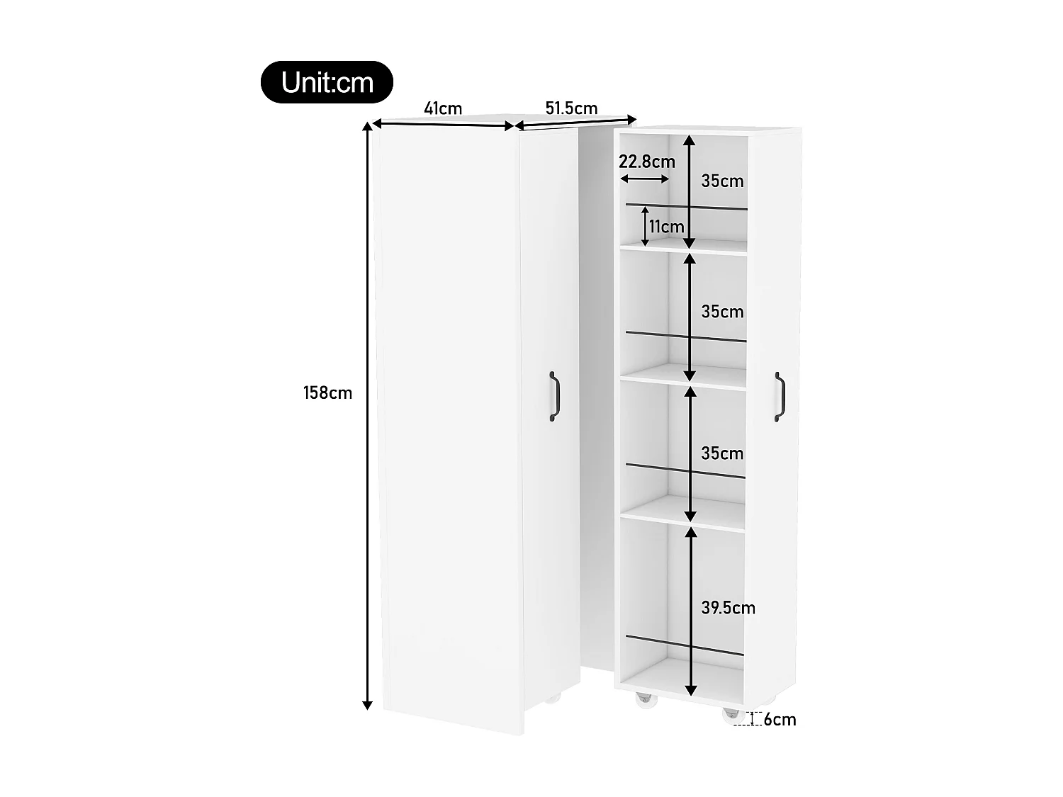 Bibliothèque extensible à roulettes - 51.5 x 41 x 158 cm - interchangeable gauche et droite - MDF - blanc