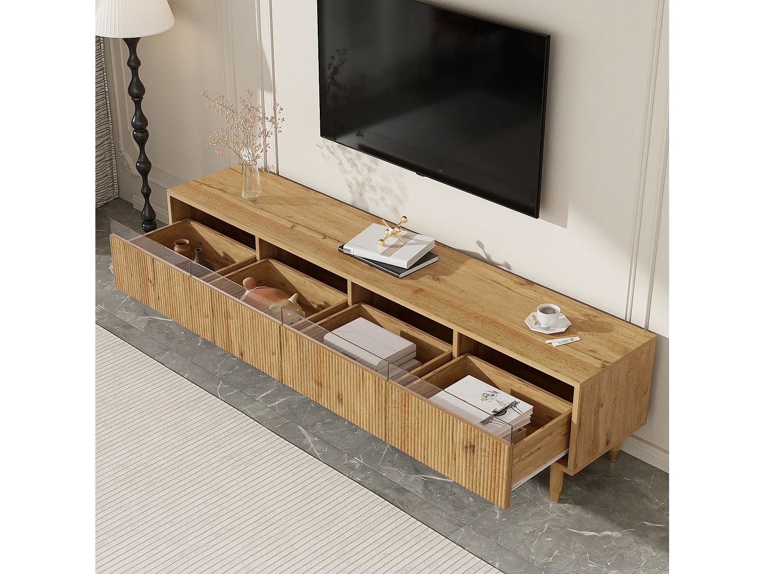 TV-Schrank in Holzoptik - 178 cm x 35 x 45 cm - mit 4 Schubladen - für das Wohnzimmer - MDF - Natur