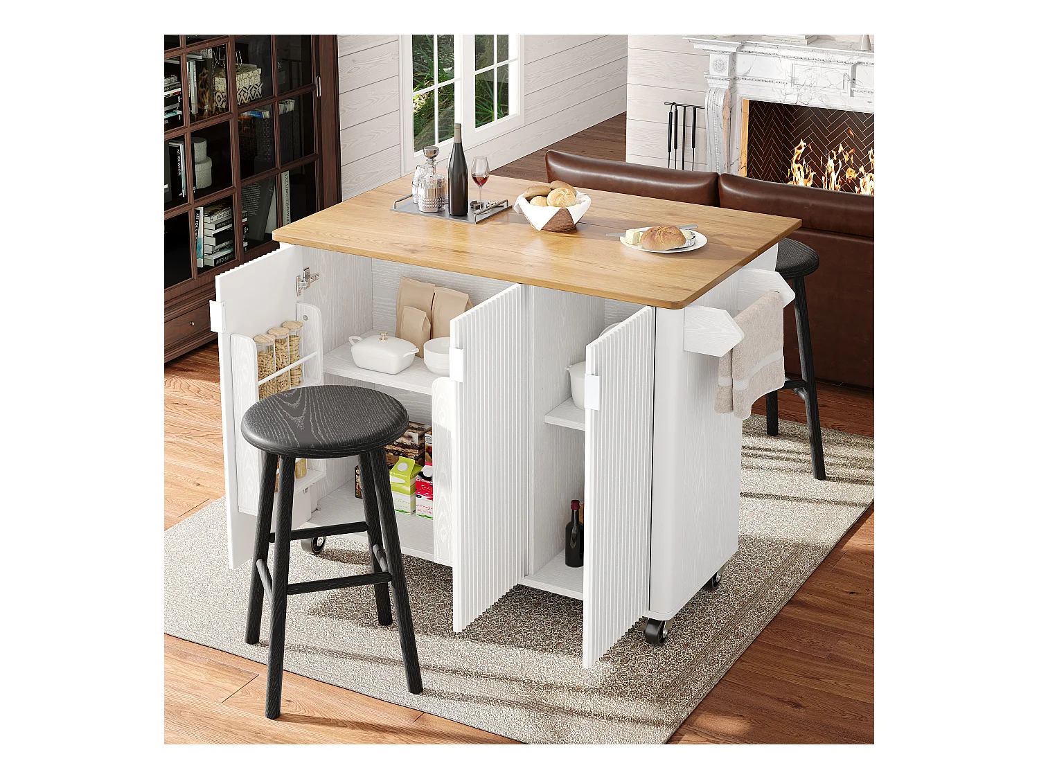 Îlot central à roulettes - 130 x 45/75 x 92 cm - desserte extensible + 3 portes - MDF - blanc