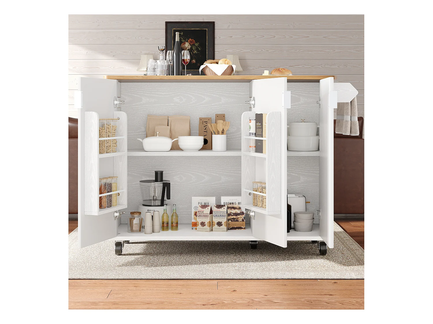 Îlot central à roulettes - 130 x 45/75 x 92 cm - desserte extensible + 3 portes - MDF - blanc