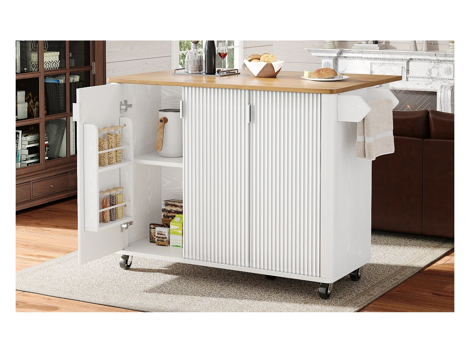 Îlot central à roulettes - 130 x 45/75 x 92 cm - desserte extensible + 3 portes - MDF - blanc