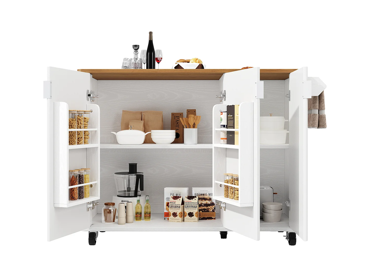 Îlot central à roulettes - 130 x 45/75 x 92 cm - desserte extensible + 3 portes - MDF - blanc