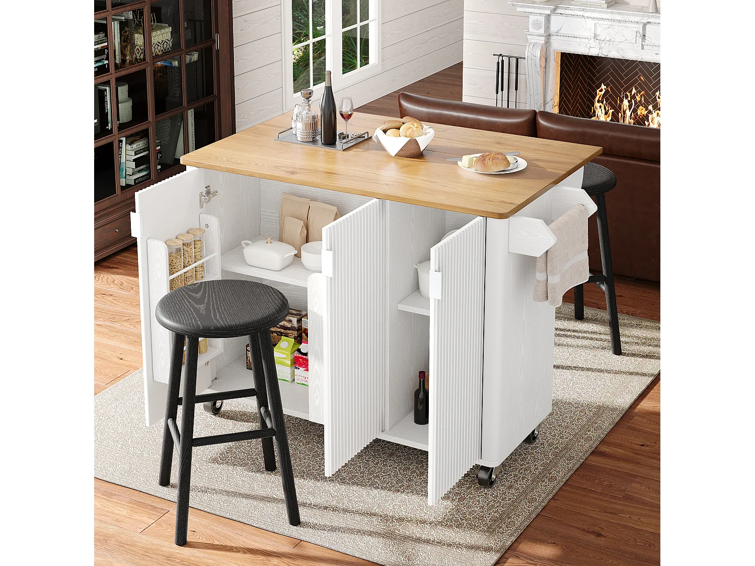 Isola centrale su ruote - 130 x 45/75 x 92 cm - carrello estensibile + 3 ante - MDF - bianco