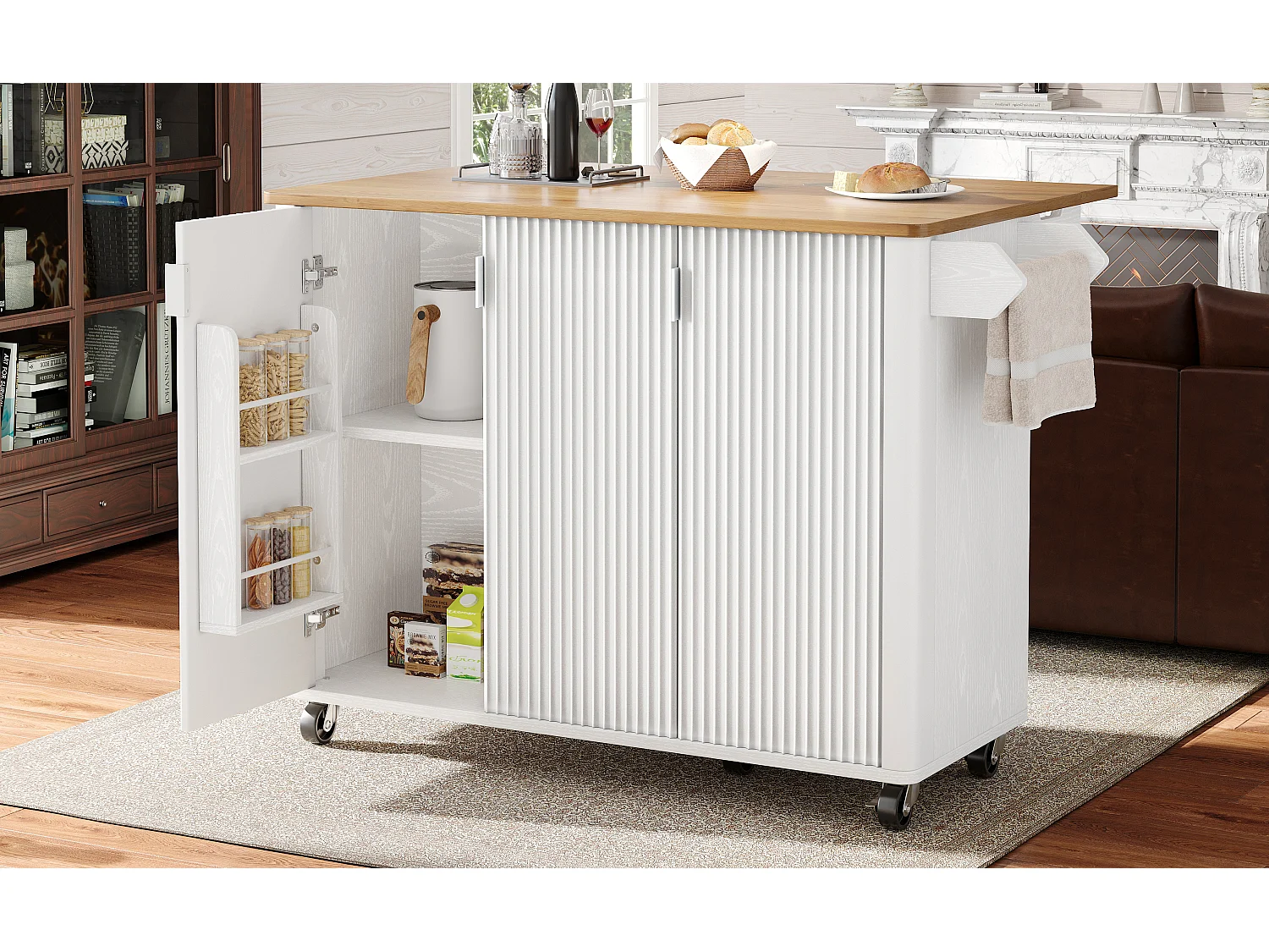 Isola centrale su ruote - 130 x 45/75 x 92 cm - carrello estensibile + 3 ante - MDF - bianco