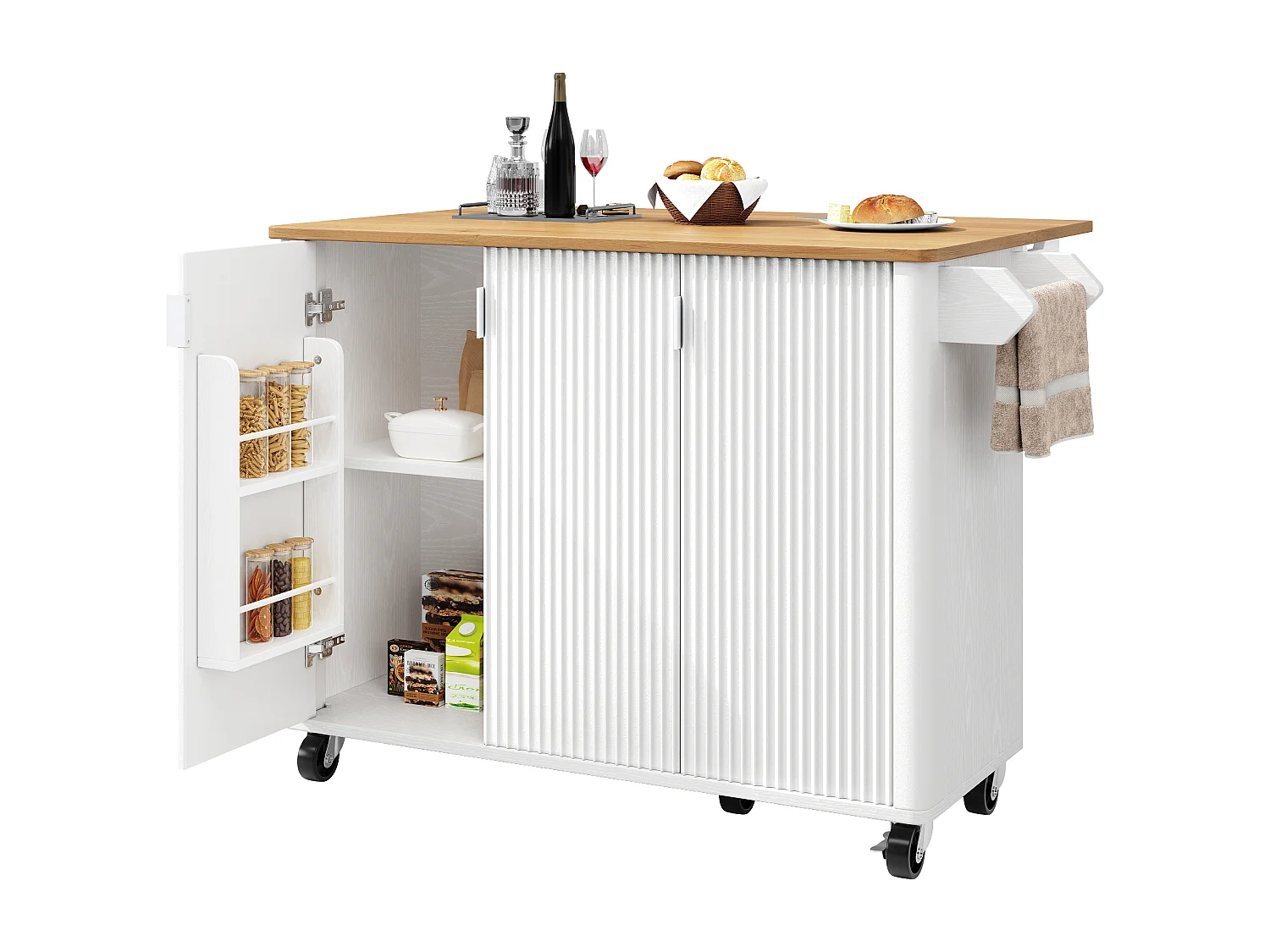 Isola centrale su ruote - 130 x 45/75 x 92 cm - carrello estensibile + 3 ante - MDF - bianco