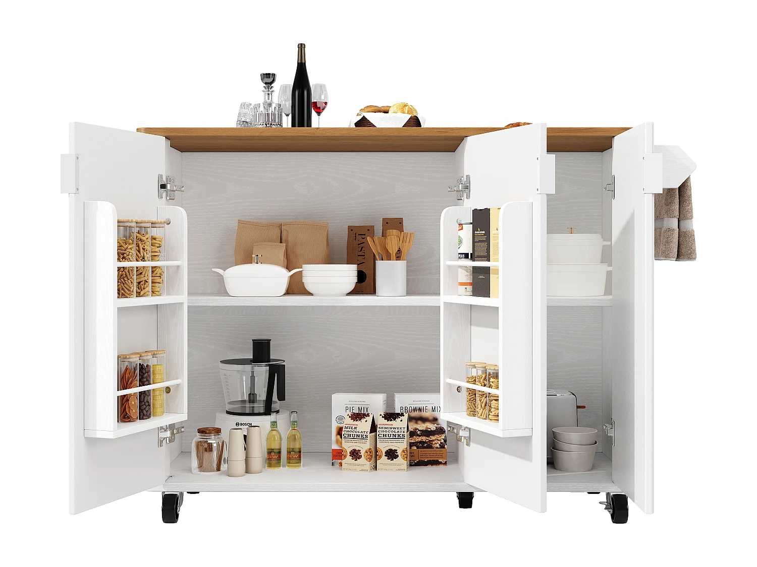 Isola centrale su ruote - 130 x 45/75 x 92 cm - carrello estensibile + 3 ante - MDF - bianco