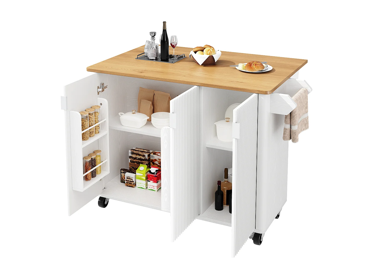 Isola centrale su ruote - 130 x 45/75 x 92 cm - carrello estensibile + 3 ante - MDF - bianco