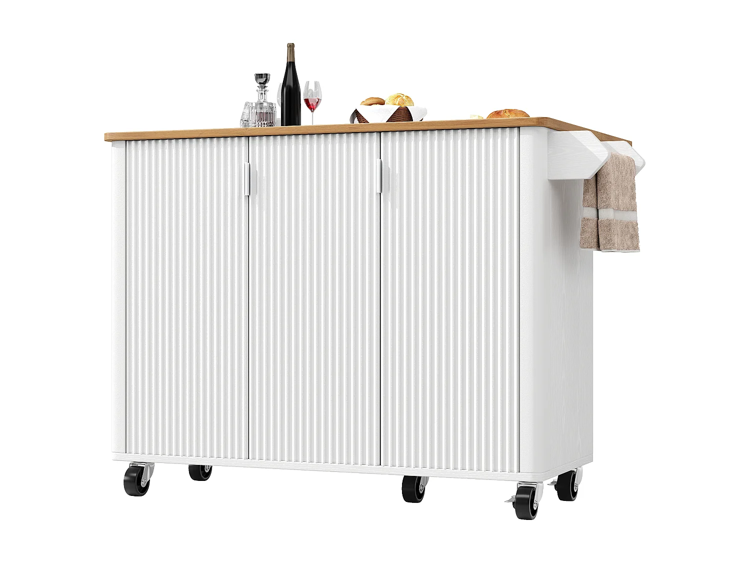 Isola centrale su ruote - 130 x 45/75 x 92 cm - carrello estensibile + 3 ante - MDF - bianco