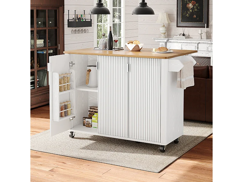 Isla central con ruedas - 130 x 45/75 x 92 cm - carro extensible + 3 puertas - MDF - blanco