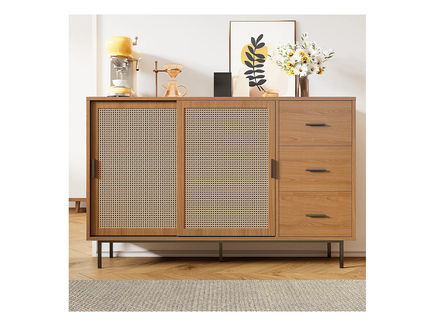 Buffet de style campagnard - 140 x 37 x 91 cm - avec 2 portes coulissantes + 3 tiroirs - aggloméré - naturel