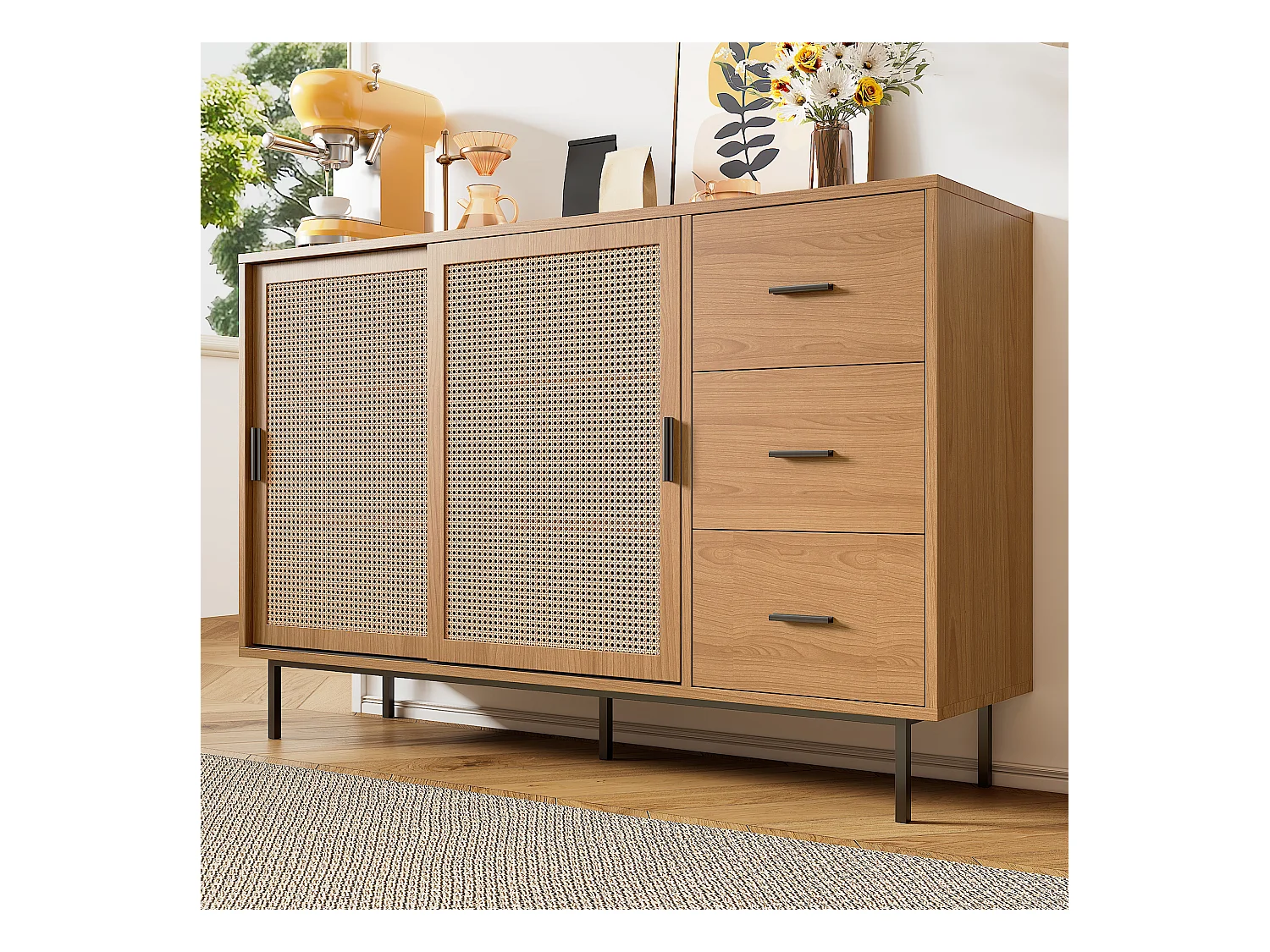 Buffet de style campagnard - 140 x 37 x 91 cm - avec 2 portes coulissantes + 3 tiroirs - aggloméré - naturel