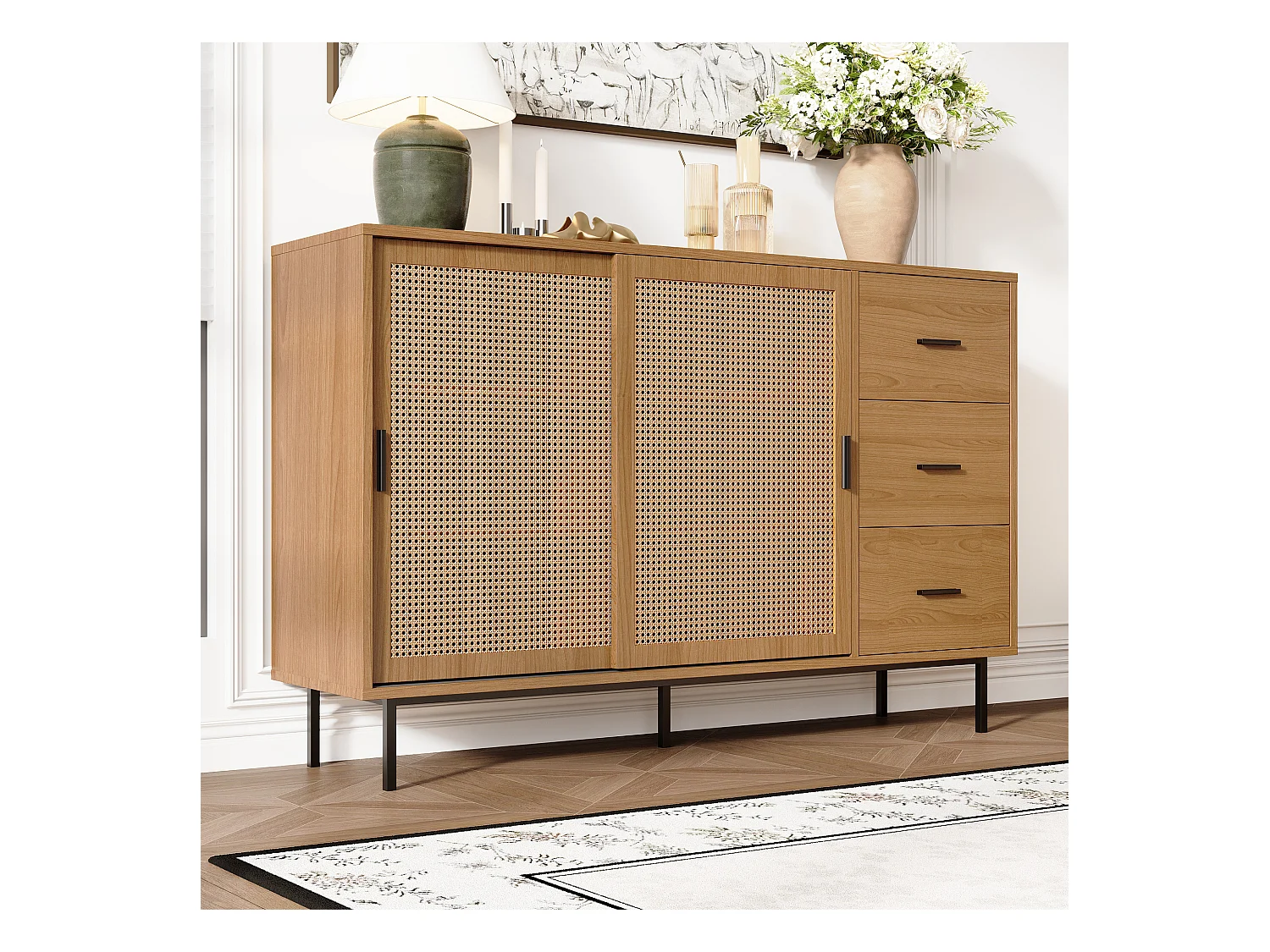 Buffet de style campagnard - 140 x 37 x 91 cm - avec 2 portes coulissantes + 3 tiroirs - aggloméré - naturel