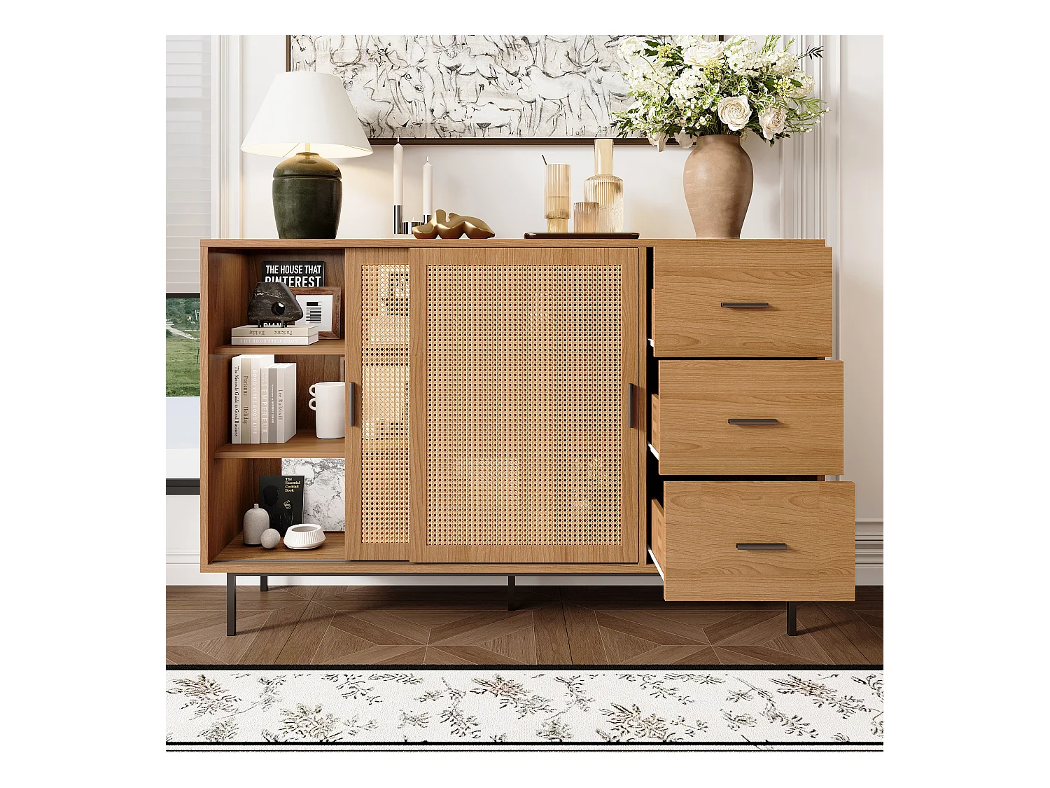 Buffet de style campagnard - 140 x 37 x 91 cm - avec 2 portes coulissantes + 3 tiroirs - aggloméré - naturel