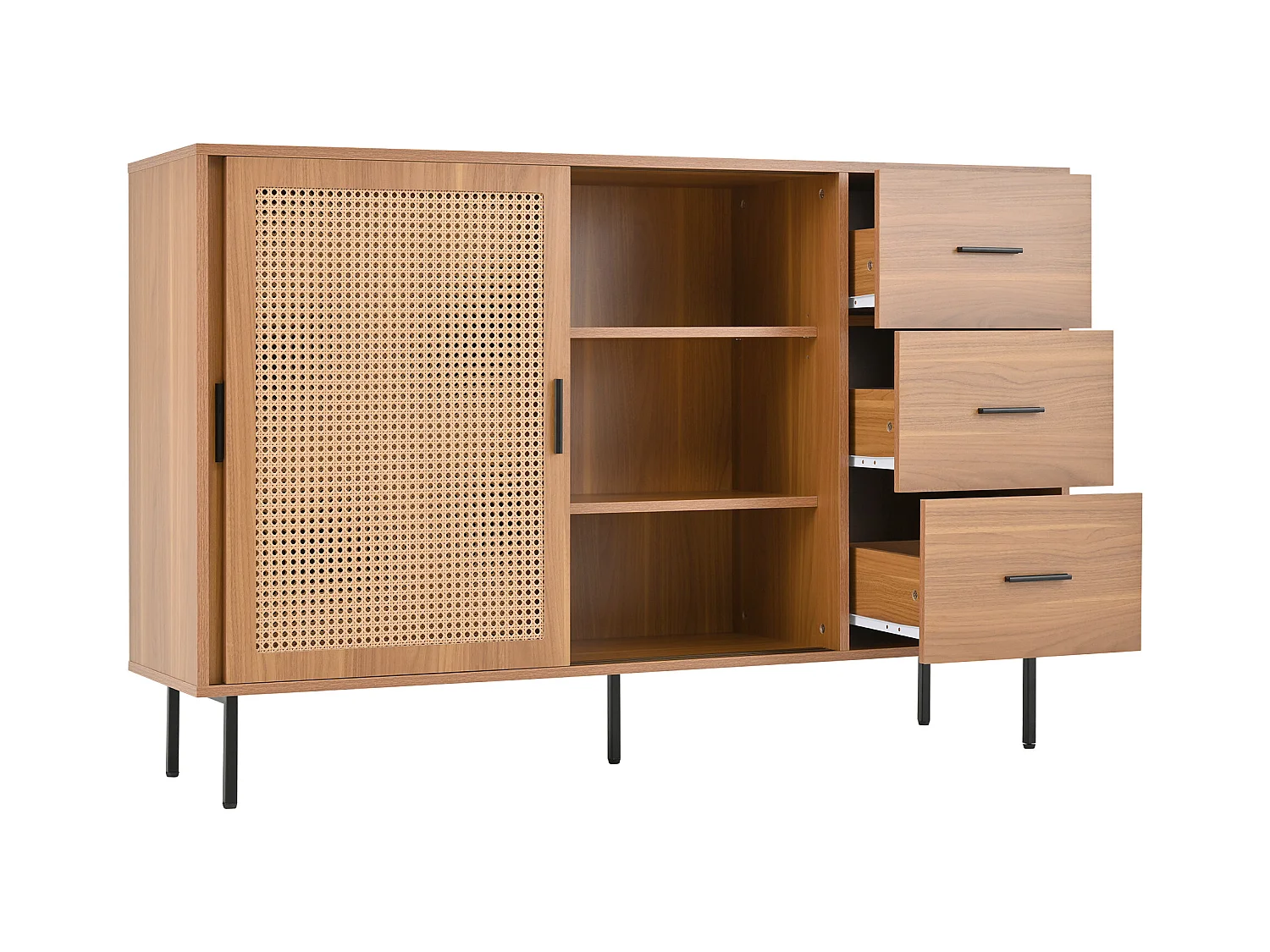 Buffet de style campagnard - 140 x 37 x 91 cm - avec 2 portes coulissantes + 3 tiroirs - aggloméré - naturel