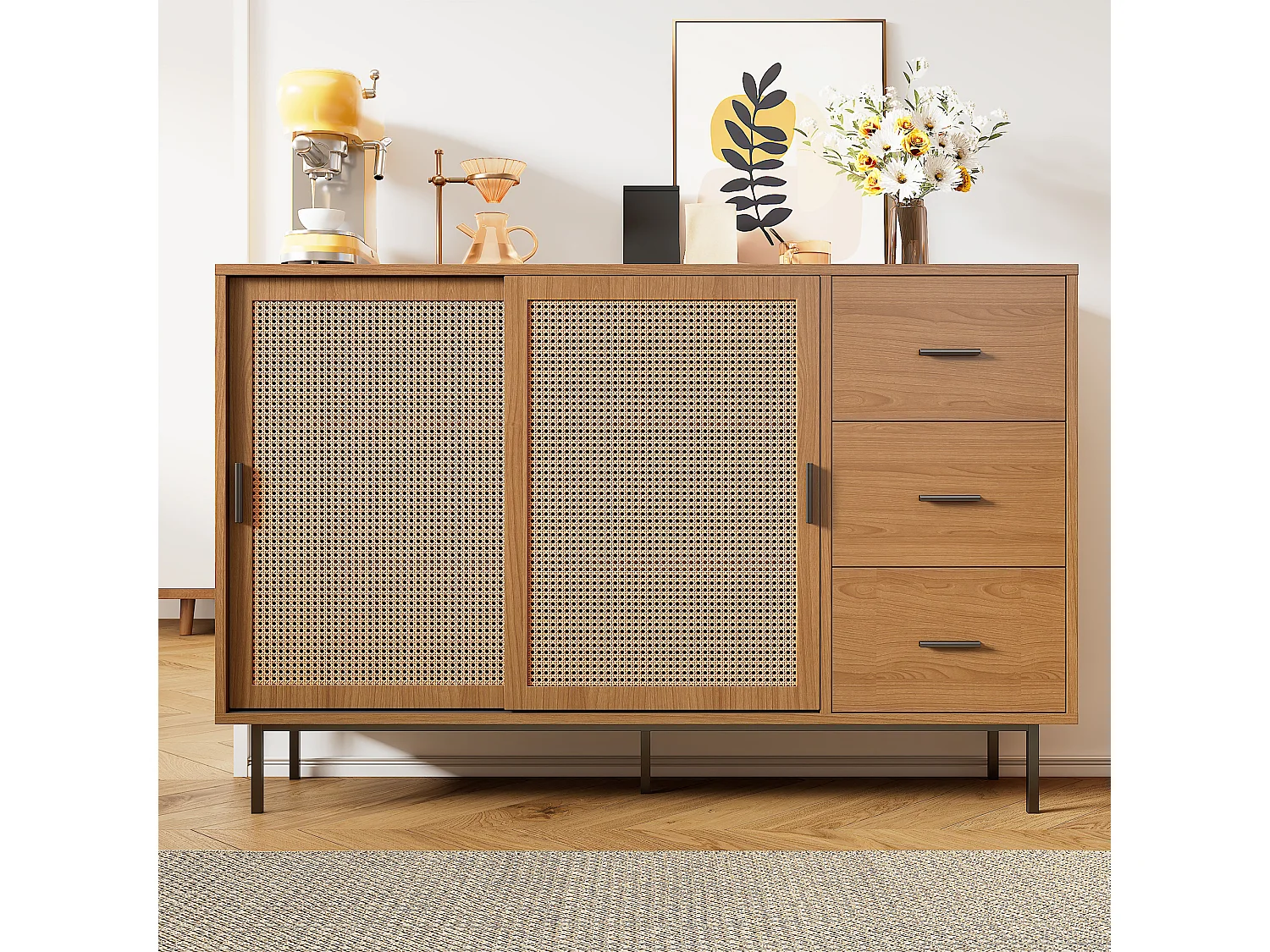 Credenza in stile country - 140 x 37 x 91 cm - con 2 ante scorrevoli + 3 cassetti - truciolato - naturale