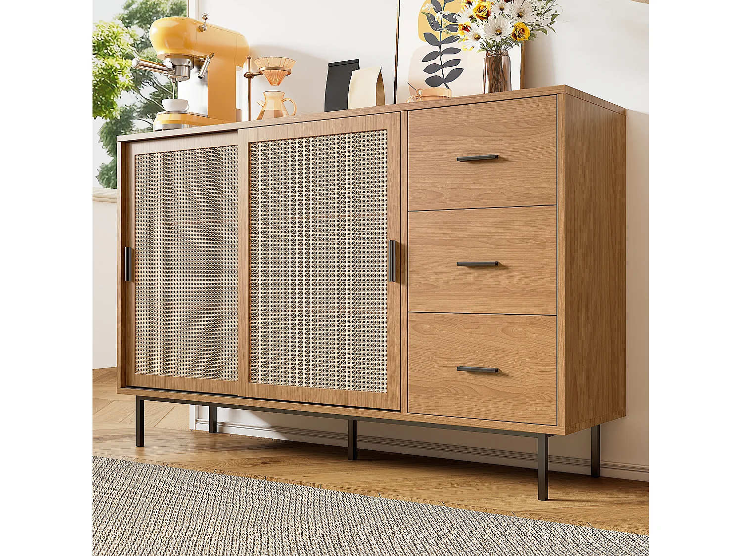 Credenza in stile country - 140 x 37 x 91 cm - con 2 ante scorrevoli + 3 cassetti - truciolato - naturale
