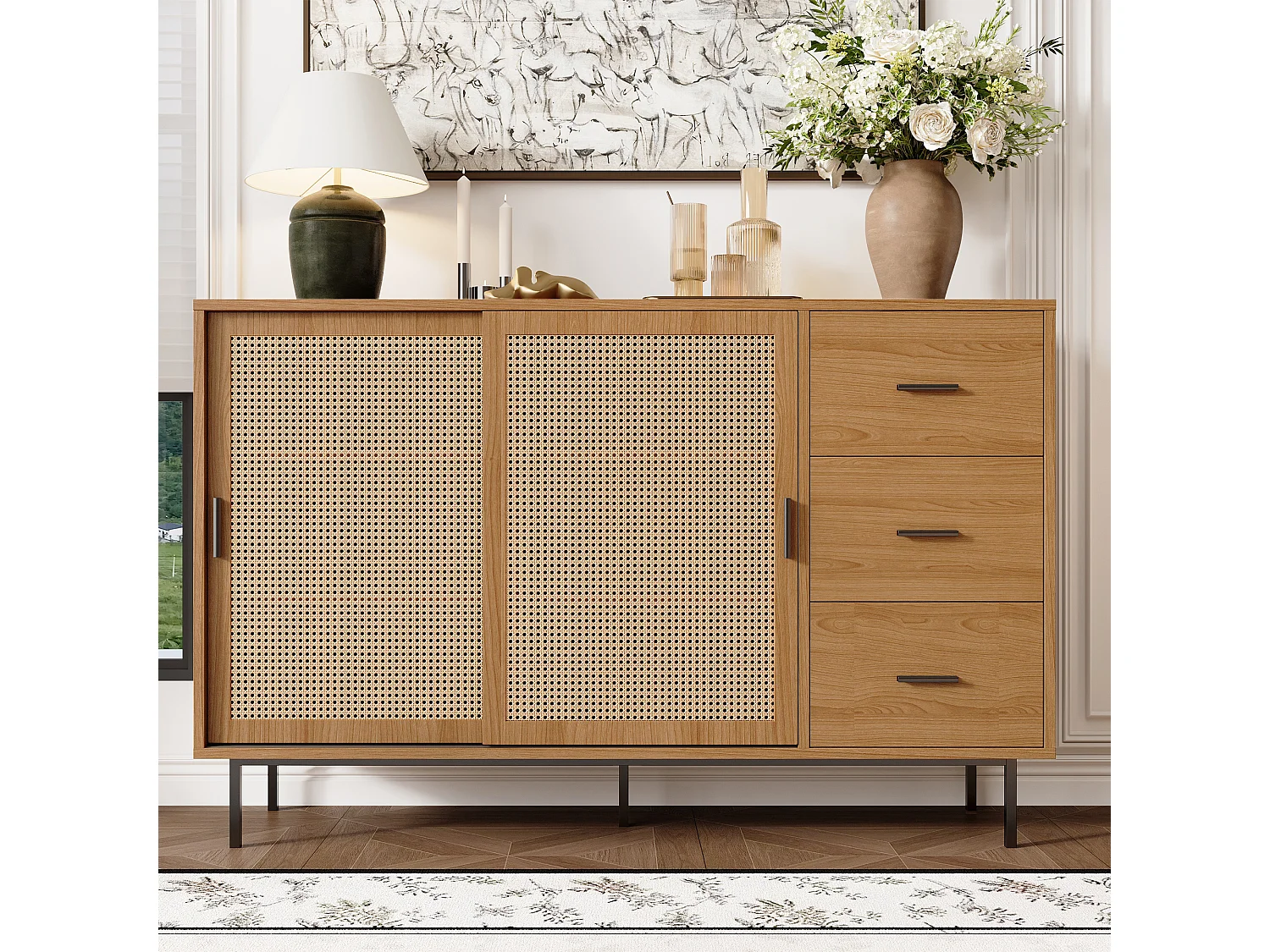 Credenza in stile country - 140 x 37 x 91 cm - con 2 ante scorrevoli + 3 cassetti - truciolato - naturale