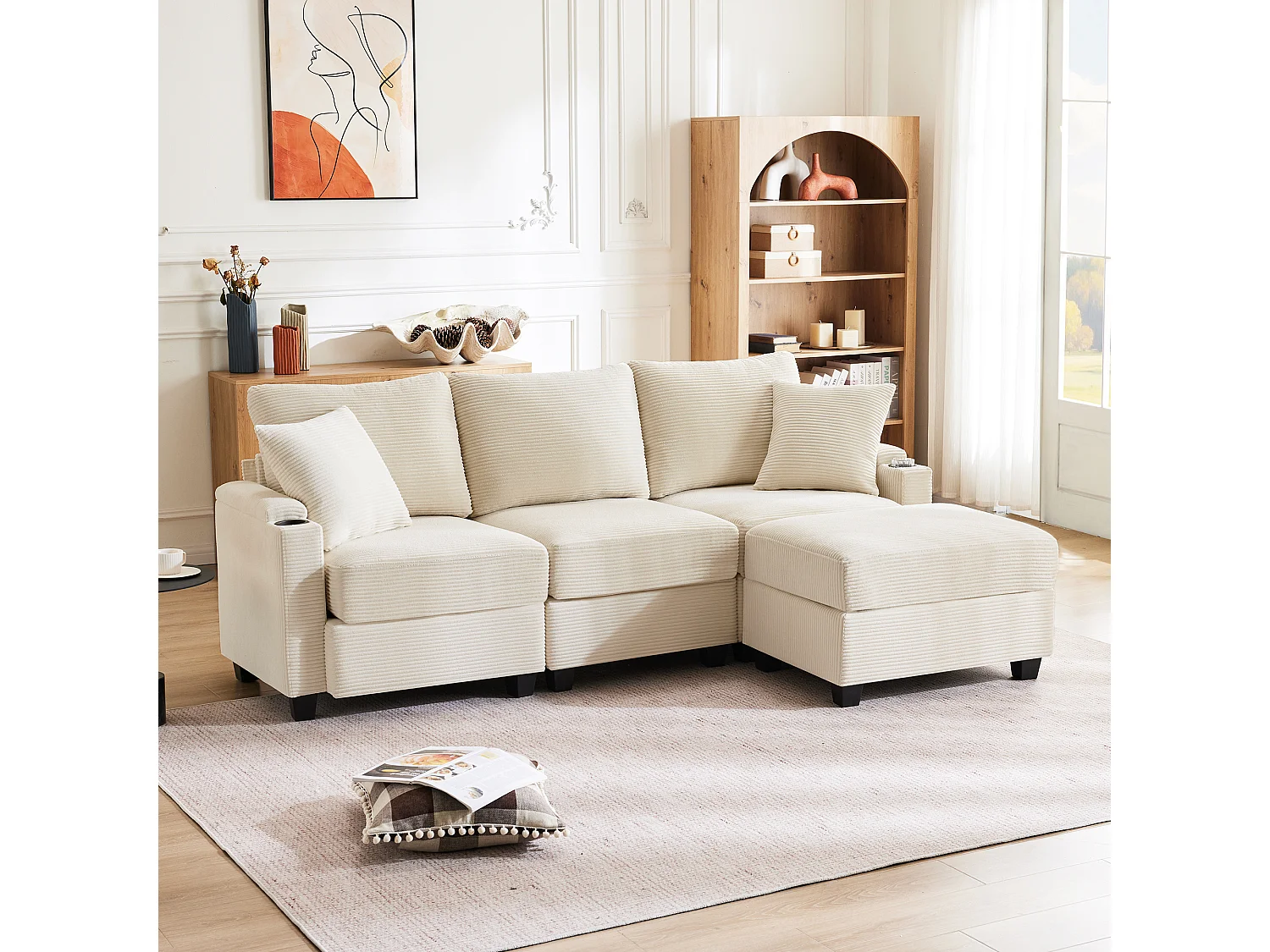 Canapé 3 places avec repose-pieds - 213.5 x 139 x 87 cm - avec 2 oreillers - velours - beige