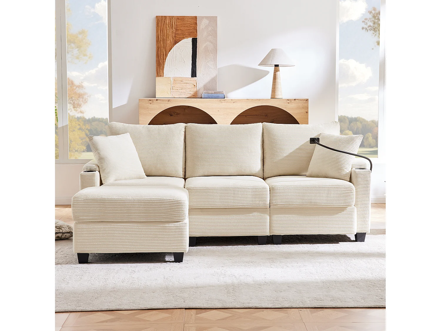 Canapé 3 places avec repose-pieds - 213.5 x 139 x 87 cm - avec 2 oreillers - velours - beige