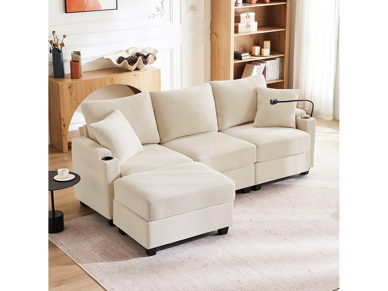 Canapé 3 places avec repose-pieds - 213.5 x 139 x 87 cm - avec 2 oreillers - velours - beige