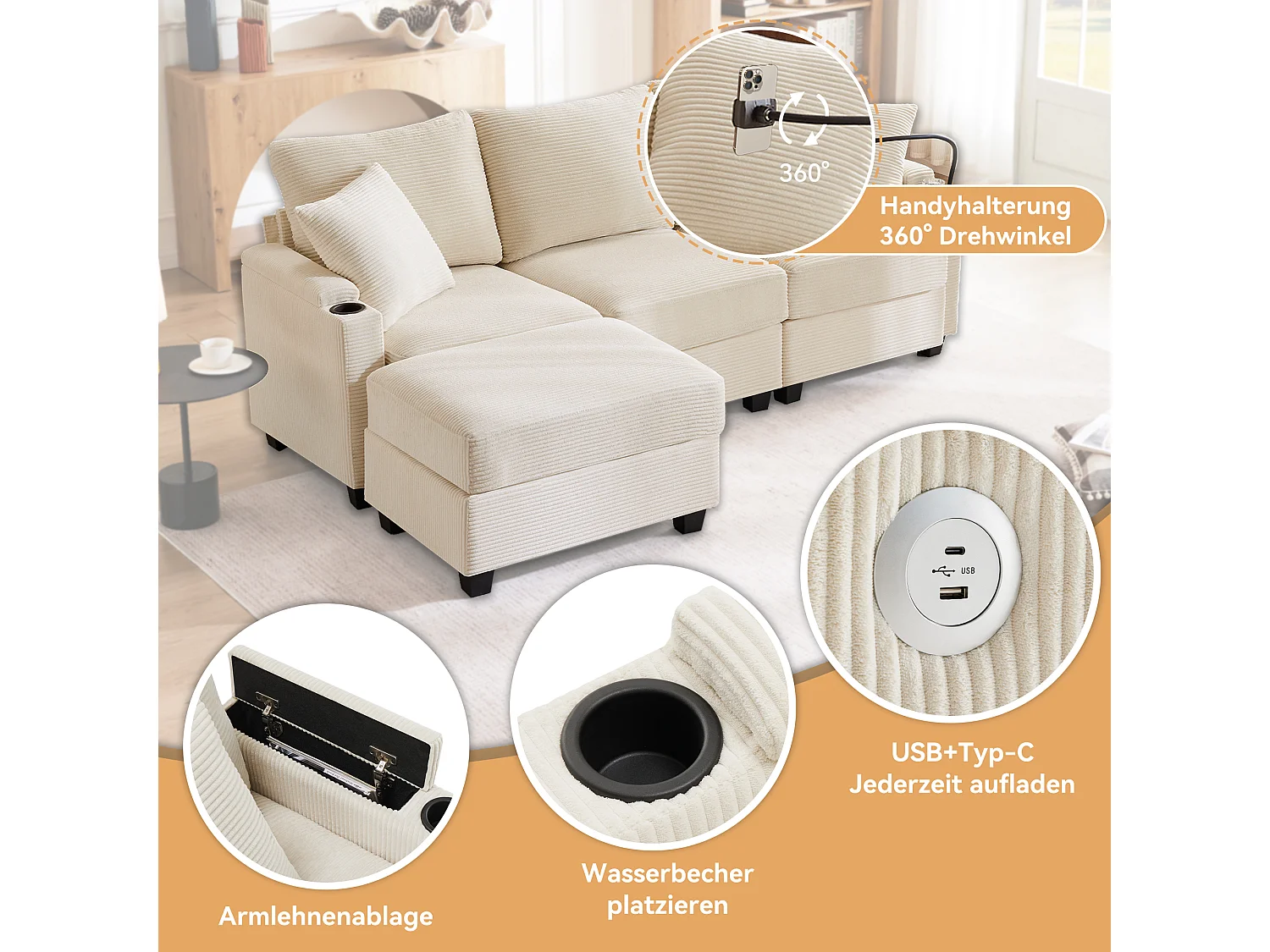 Canapé 3 places avec repose-pieds - 213.5 x 139 x 87 cm - avec 2 oreillers - velours - beige