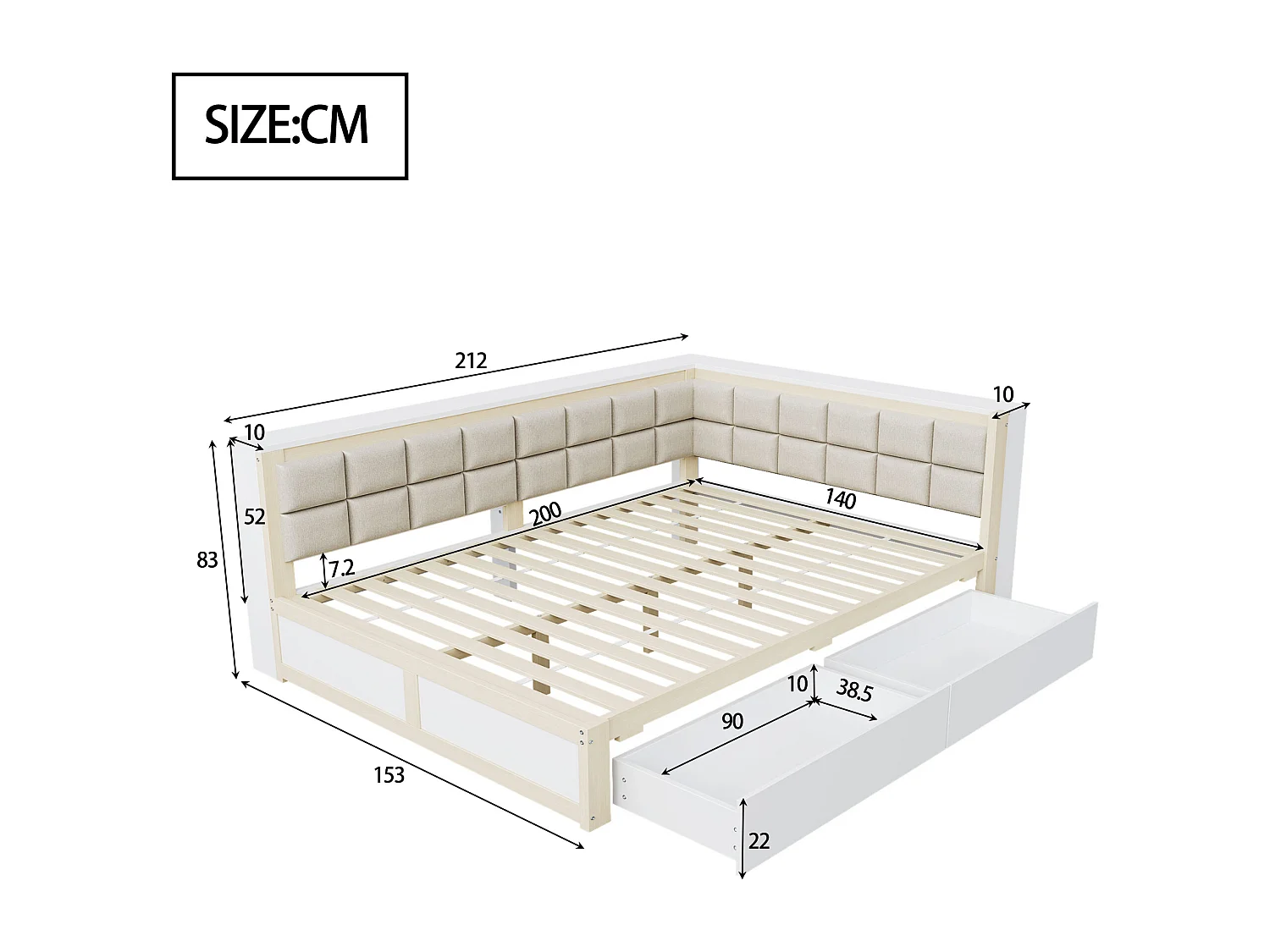 Kinderschlafsofa - 140 x 200 cm - mit weicher Rückenlehne + großer Schublade - Holz - Natur