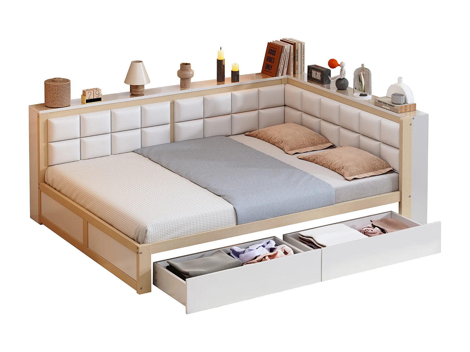 Kinderschlafsofa - 140 x 200 cm - mit weicher Rückenlehne + großer Schublade - Holz - Natur