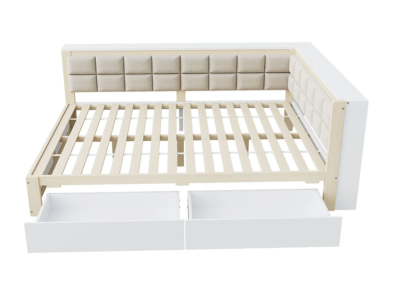 Kinderschlafsofa - 140 x 200 cm - mit weicher Rückenlehne + großer Schublade - Holz - Natur