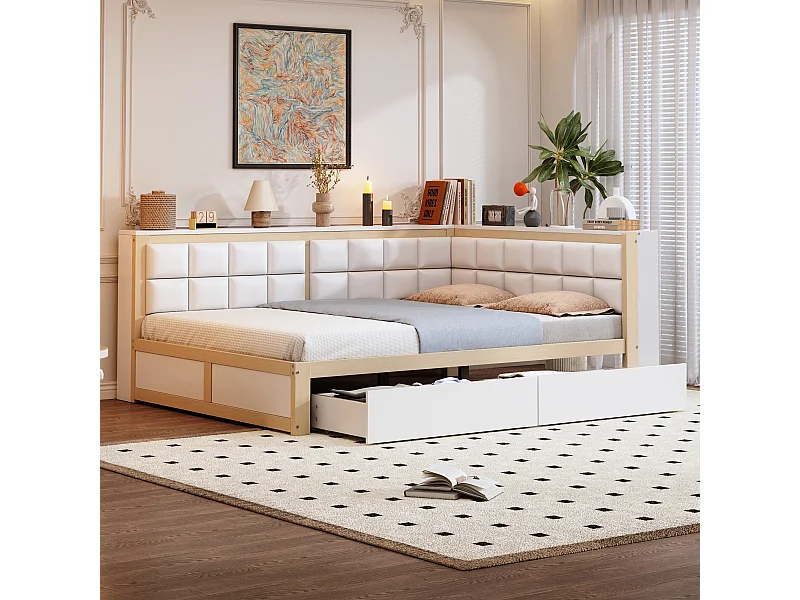 Sofa dziecięca rozkładana - 140 x 200 cm - z miękkim oparciem + duża szuflada - drewno - naturalne