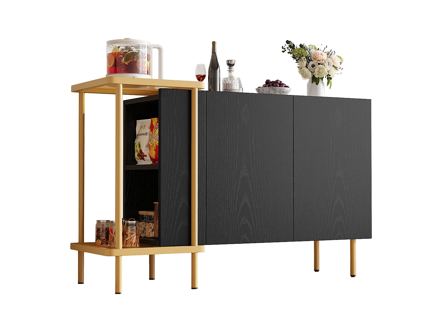 Buffet moderne - 120 x 40 x 77.5 - avec 2 portes + 2 étagères - table basse en métal/verre - aggloméré - noir