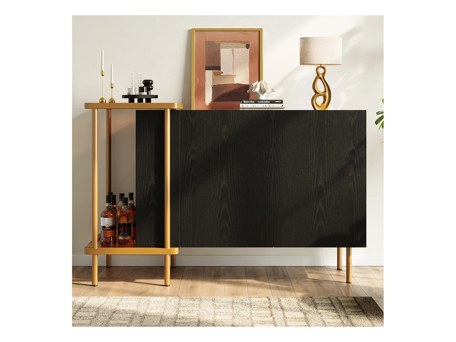 Modernes Sideboard - 120 x 40 x 77,5 - mit 2 Türen + 2 Einlegeböden - Couchtisch aus Metall/Glas - Spanplatte - Schwarz