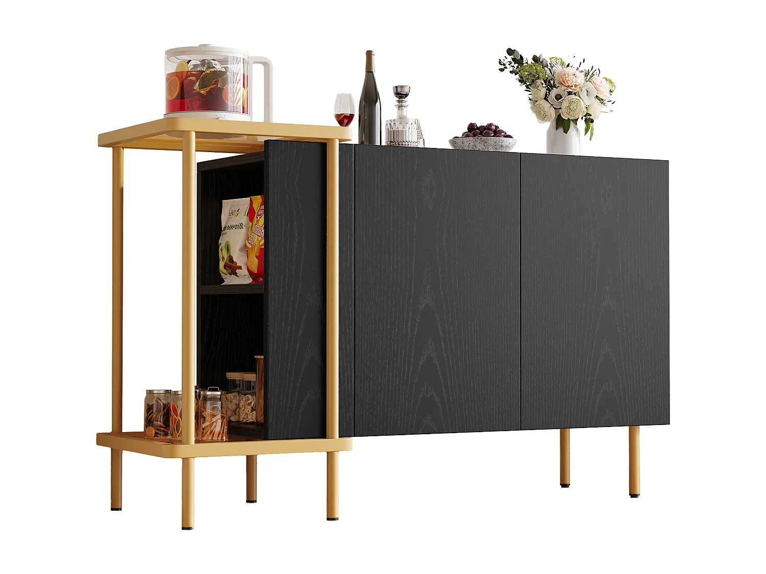 Buffet moderne - 120 x 40 x 77.5 - avec 2 portes + 2 étagères - table basse en métal/verre - aggloméré - noir