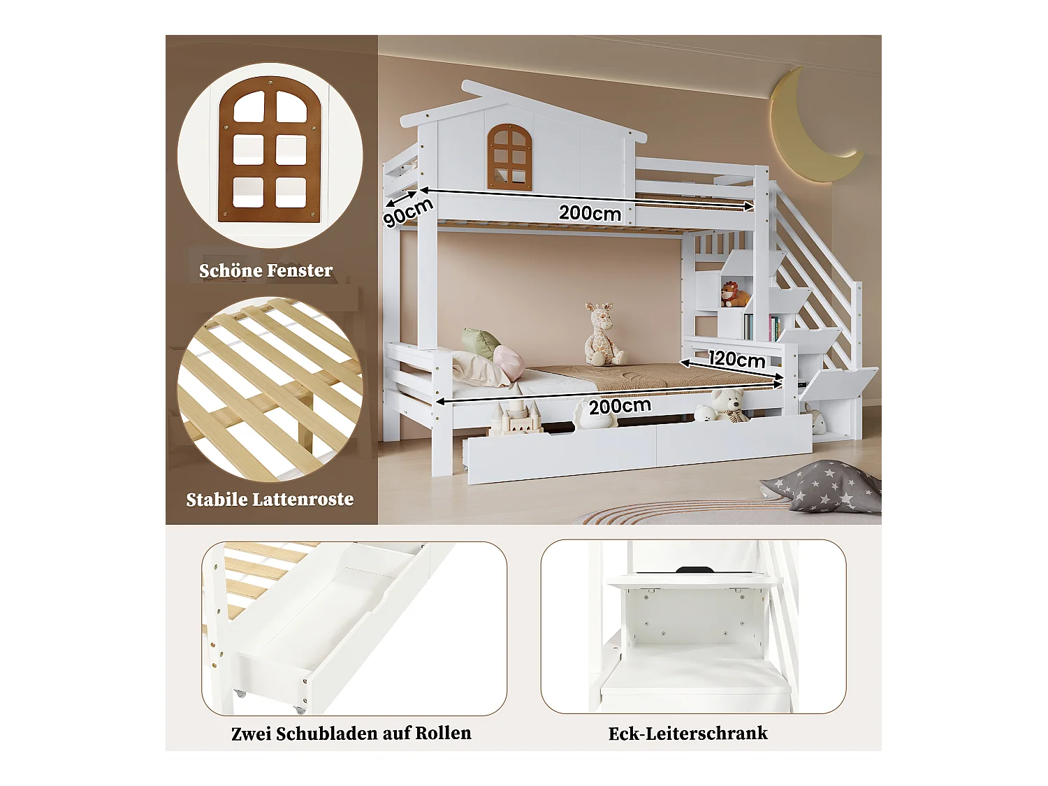 Lit superposés enfant - 90 x 200 cm + 120 x 200 cm - avec 2 tiroirs + escalier de rangement - pin + MDF - blanc