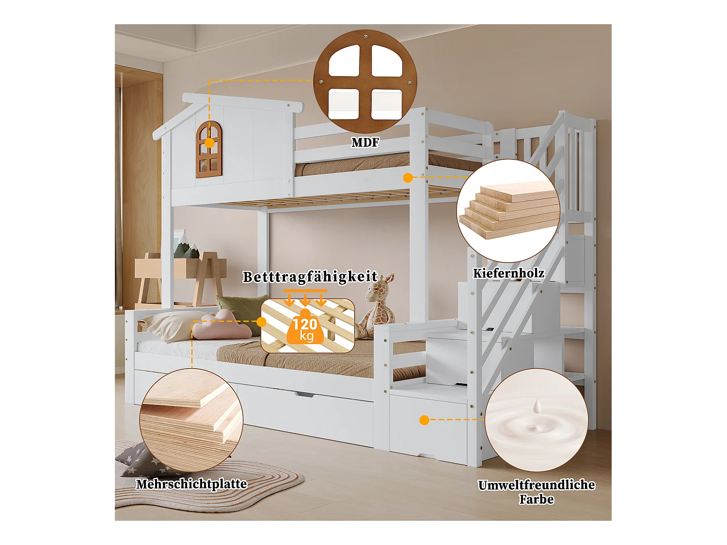 Lit superposés enfant - 90 x 200 cm + 120 x 200 cm - avec 2 tiroirs + escalier de rangement - pin + MDF - blanc