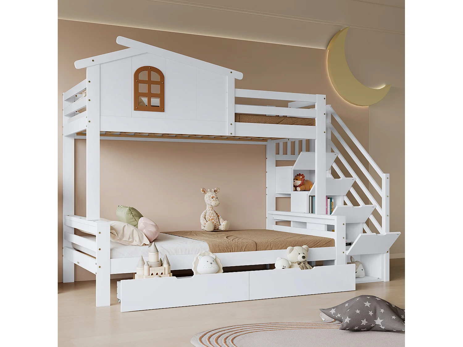 Kinderstapelbed - 90 x 200 cm + 120 x 200 cm - met 2 lades + opbergtrap - grenen + MDF - wit